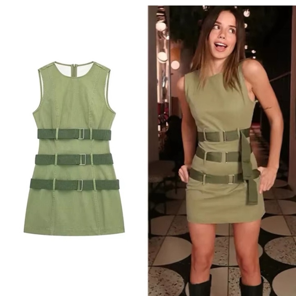 Green Sleeveless Belted Dress